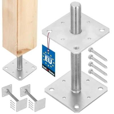 Imagen de KOTARBAU® Lote de 2 Soporte para Postes Madera 110 mm x 250 Rosca M24 Base Poste Atornillar en Suelo Hormigón Anclajes Sujeción Galvanizada Altura Ajustable