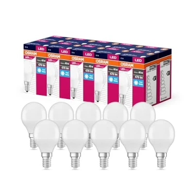 Imagen de OSRAM Valor de estrella LED Lámpara clásica P40 para enchufe E14, forma caída, FR, 470 lúmenes, blanco frío (4000k), reemplazo bombillas convencionales 40W, 10 paquetes