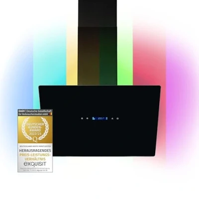 Imagen de Exquisit® Campana Decorativa de pared 60cm, Filtro grasa metálico, Control Tactil, 3 niveles rendimiento, 392 Capacidad Extracción máx [M3/ h], iluminación LED integrada 2x1,0W, Color Negro.