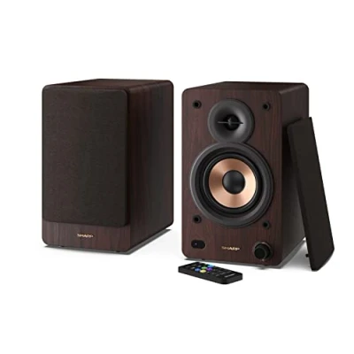 Imagen de Sharp CP SS30(BR) Pareja Altavoces estantería Activos 2vías, Carcasa Madera, Bluetooth v5.0, USB, óptica, Auxiliar, RCA, Ajuste Graves y Agudos, Rejilla extraíble, Mando a Distancia.