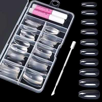 Imagen de 100 Piezas Uñas Falsas Puntas de Claro Artificiales Acrílico con Caja y Pegamento para Mujeres Niñas