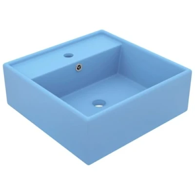 Imagen de vidaXL Lavabo Cuadrado Rebosadero Tocador Montado Encima Piedra Vasija Aseo Indoro Garaje Fácil de Limpiar Cerámica Azul Claro Mate 41x41 cm