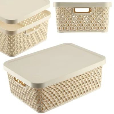 Imagen de KADAX cesta de almacenamiento, con tapa, caja almacenamiento plástico, moderna orificios ventilación (12 L, beige)
