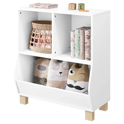 Imagen de Lestarain Librería Montessori, Estantería Infantil para Libros, Niños con 3 Compartimientos y Patas de Madera Maciza, Organizador Juguetes, Blanco, 71,5x34,5x76,5 cm