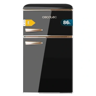 Imagen de Cecotec Nevera Pequeña Frigorífico 2 Puertas Retro 86L Bolero CoolMarket 2D Origin 86 Black E. 89,3cm de Alto y 48,7cm Ancho, Clase Energética E, Icebox, Luz Interior Tirador Cromado, Negro