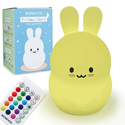Imagen de Luz Nocturna Infantil Conejito con Control Remoto y Táctil 16 Colores BONNYCO Lampara Bebe Temporizador Quitamiedos Silicona 100% Segura, Regalos para Niñas Niños