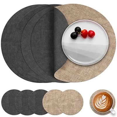 Imagen de Myir JUN Manteles Individuales Redondos y Posavasos, Salvamanteles de Cuero Juego 6 Mantel Individual Lavables Antideslizant Mesa (Gris Beige, 6)