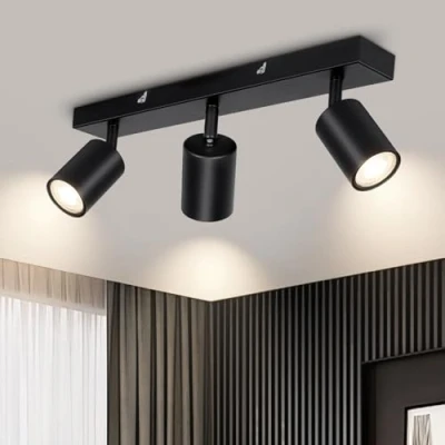 Imagen de Kambo GU10 Lampara Techo Focos negro, 3 LED Interior, Metall Apliques Giratorio para Dormitorio Corred, Sin bombilla Max 50W