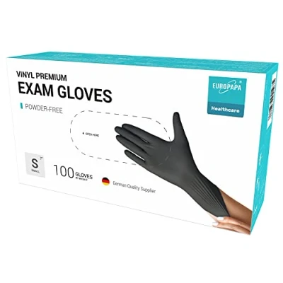 Imagen de EUROPAPA® 100 Guantes De Vinilo Desechables, Examen, Sin LÁTex, Polvo, Disponibles En Tallas S, M, L Y XL (Negro Premium, S)