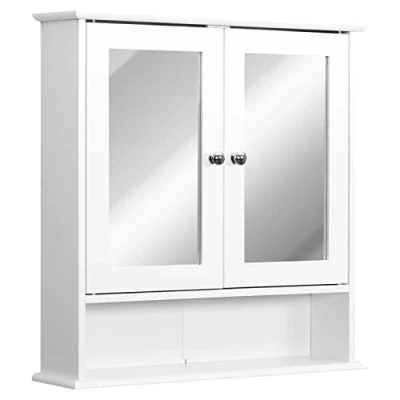 Imagen de kleankin Armario de Baño con Espejo Pared 2 Puertas y 3 Niveles para Almacenamiento, Cocina, Baño, Salón, Tablero MDF Blanco 56x13x58cm