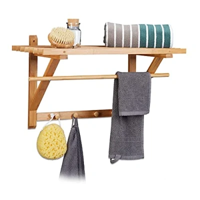 Imagen de Relaxdays Perchero de Pared Bambú, Estante Sombreros y Barra Ropa, Toallero con Ganchos, 35 x 60 30 cm, Natural