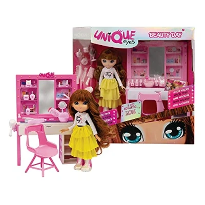 Imagen de UNIQUE EYES Set Beauty Day con muñeca articulada de 25 cm Altura incluida Que Sigue tu Mirada, salón Belleza Muchos Accesorios, para niñas a Partir 3 años, Giochi Preziosi, MYM02000