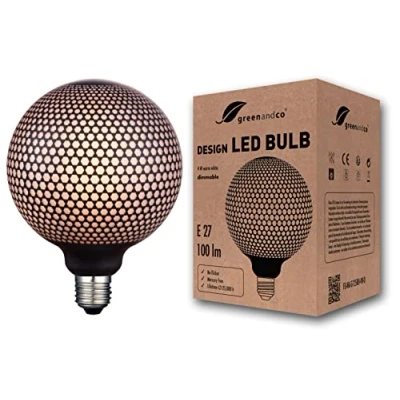 Imagen de greenandco® LED bombilla decorativa regulable estilo vintage negro (hexágonos) E27 G125 4W 100lm 1800K (blanco muy cálido) 300 230V, sin parpadeo