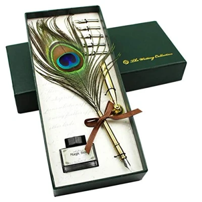 Imagen de Juego de pluma pavo real, diseño caligrafía antigua con soporte, tinta y 5 puntas repuesto en caja regalo