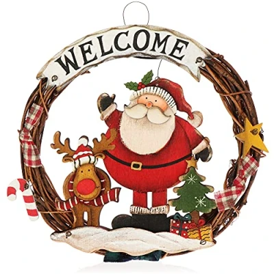 Imagen de com four® Corona de Navidad Trenzada Puerta Welcome para Colgar Decoración navideña Aprox. Ø 25cm (Papá Noel M)