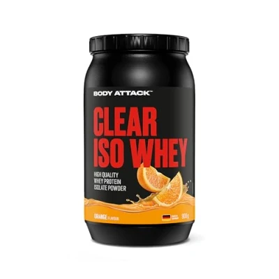 Imagen de Body Attack Clear ISO WHEY Sabor naranja 900 g Fabricado en Alemania Aislado refrescante de proteína suero transparente 24 y 11.400 mg EAAs* por batido leche