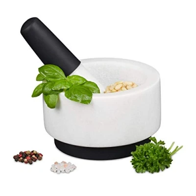 Imagen de Relaxdays Mortero con Mano, Mármol, Silicona, Duradero, Macizo, Especias y Hierbas, Moledor Piedra, 14 cm Ø, Blanco