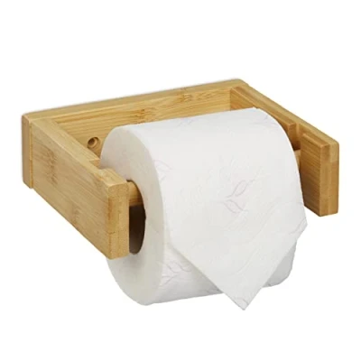 Imagen de Relaxdays Toilettenpapierhalter Bambus Portarrollos Baño Bambú Pared, Soporte Papel Higiénico, Mural, Adhesivo, Dispensador Rollo, 5x16x13cm, Natural, 5 x 16 13 cm Aprox