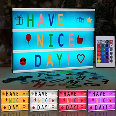 Imagen de Amzeeniu A4 Light Box Caja de luz LED con letreros luminosos personalizables, color alimentada por USB y batería 192 letras emojis, mando a distancia, para idea regalo