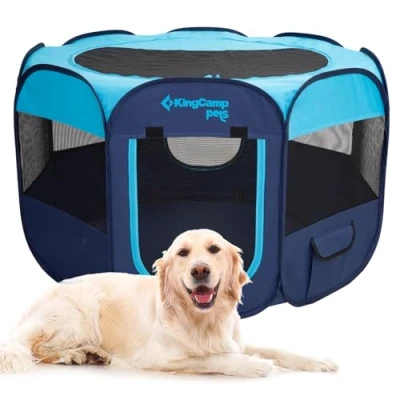 Imagen de KingCamp Portátil Parque de Juegos y Ejercicios para Perros, Mascotas,Jaula Perro, Gato, Cachorro, Conejo,Corralito Plegable con Estuche,Ideal Viajes en Interiores (Azul L 127 x 60 cm)