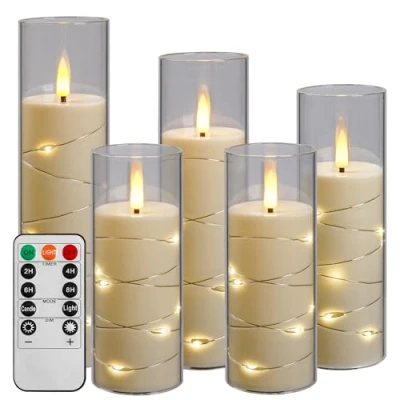 Imagen de Da by vela LED con guirnalda de luces, a pilas mando distancia y temporizador 24 horas, sin llama para decoración interiores (Blanco marfil, juego 5)