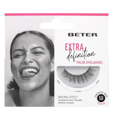 Imagen de Beter Pestañas postizas nº 59 Extra definition, extensiones de pestañas, incluye pegamento, veganas y reutilizables, pelo sintético con banda transparente para acado natural, maquillaje ojos