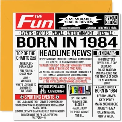 Imagen de tarjetas de cumpleaños número 40 para hombres y mujeres Born In 1984 Newspaper Tarjeta feliz mamá, papá, tío, tía, vintage, retro, en 1984, 145 mm x mm,