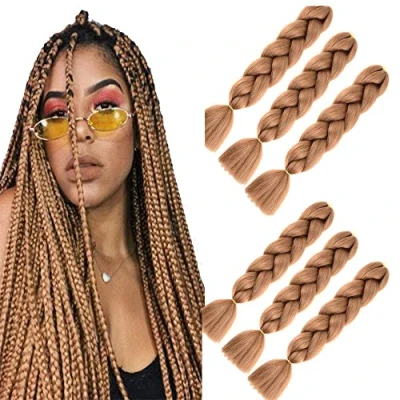 Imagen de jumbo trenzas de pelo sintético resistentes al calor, para bricolaje, ganchillo (61 cm, marrón)