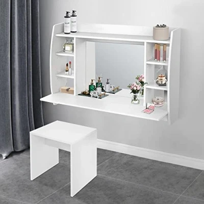 Imagen de ML Design Juego de Tocador Pared con Taburete 110 x 75x 48,5cm Blanco Moderno Espejo 6 Compartimentos Almacenaje Mesa Maquillaje Cosméticos Almacenamiento Tablero MDF Dormitorio
