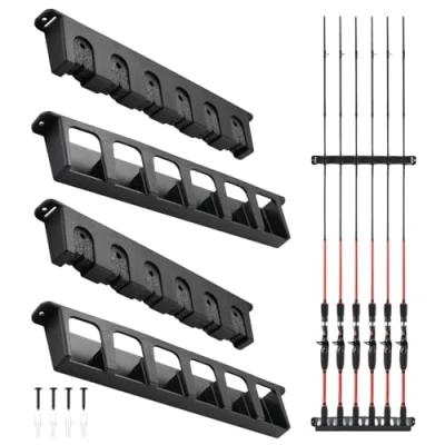 Imagen de soporte de pared para cañas pescar, 2 pares soportes pared, horizontal vertical almacenamiento 6 + garaje, barco,
