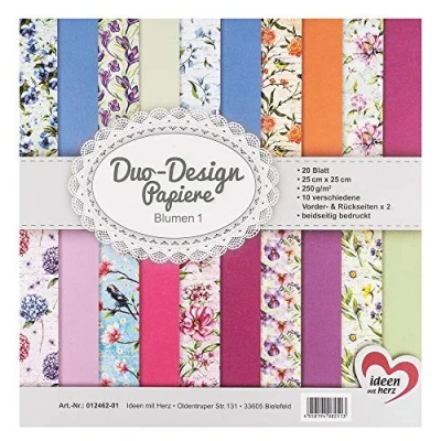 Imagen de Ideen mit Herz Papeles Duo Design bloc con 20 hojas de papel craft 25 x cm 250g/m² impreso por ambas caras diseño, motivos ideal para scrapbooking (Flores 01)