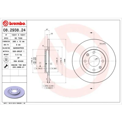 Imagen de BREMBO 08.2938.24 Disco de freno 266 10 4 macizo con tornillos PEUGEOT: 405 II Berlina, I Familiar, Berlina