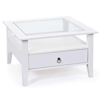 Imagen de Inter Link Mesa baja de madera maciza Pino macizo con tapa cristal 1 cajón teñido blanco 115 x 60 45 cm Provence