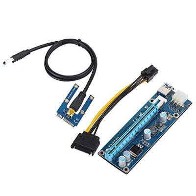 Imagen de Mini PCI E a Express16x Extender Riser Adapter con cable de alimentación SATA para minería tarjetas video Adopte 4 condensadores estado sólido, interfaz 6 pines en la tarjeta gráfica,