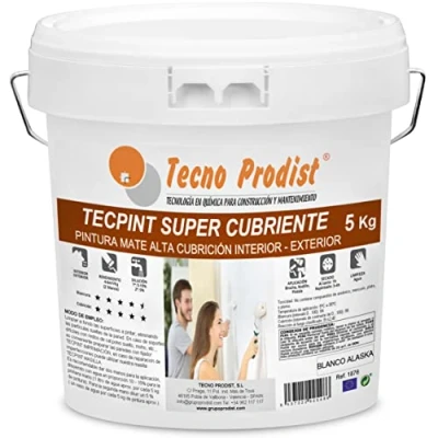 Imagen de TECPINT SÚPER CUBRIENTE de Tecno Prodist 5 Kg (BLANCO) Pintura para Exterior e Interior al Agua Cubrición extra, acabado blanco Alaska Lavable Sin olor, no salpica Fácil Aplicación