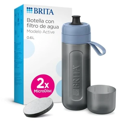 Imagen de BRITA Botella deportiva Modelo ACTIVE Azul Oscuro (600ml) con 2 filtros MicroDisc, flexible sin BPA, filtra cloro, impurezas, hormonas, pesticidas y conserva minerales.