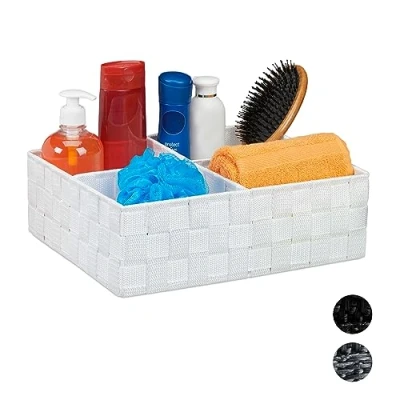 Imagen de relaxdays Cesta de almacenaje para baño, Cuatro Compartimentos, Neceser, Organizador, 10x32x27 cm, 1 Ud, Blanco