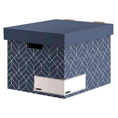 Imagen de BANKERS BOX Juego de 5 cajas almacenamiento con tapa para oficina y hogar, resistentes agujeros asas, cartón ondulado 100% reciclado, color azul pizarra
