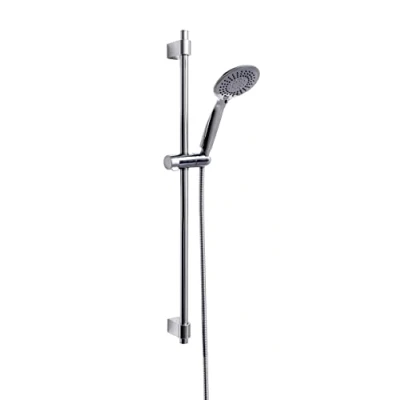 Imagen de WENKO Set de ducha Young, moderno cabezal con 5 tipos chorro, barra y flexo acero inoxidable, apto para calentadores agua, conexión universal ½&quot;, 66 cm, plata brillante