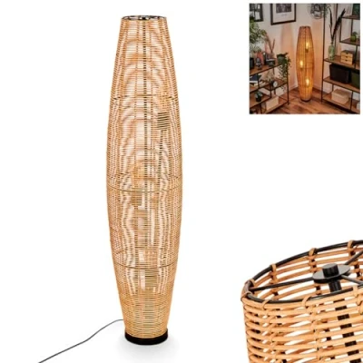 Imagen de Lámpara de pie Mulstrand, moderna metal/ratán en color negro/natural, diseño boho con pantalla cuadriculada, interruptor on/off el cable y efecto luminoso, 3x E27, sin bombillas,