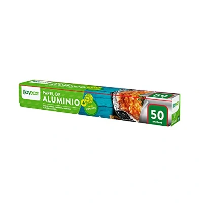 Imagen de Bayeco Papel Aluminio Extra resistente Conservación y envasado de alimentos Estuche con sierra corte frente a roturas Gran maleabilidad Rollo 50 metros