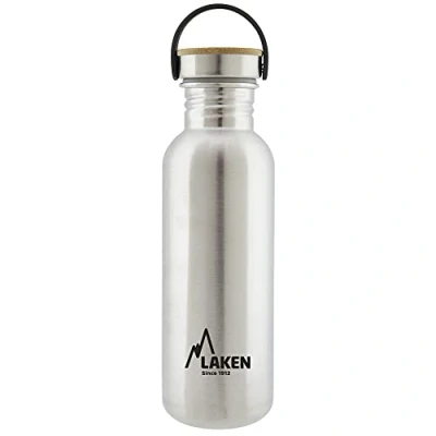 Imagen de LAKEN Botella Agua Acero Inoxidable con Tapón Bamboo y Boca Ancha, (0,75L Acero) Reutilizable, Ideal para Montaña, Camping, Deportes más