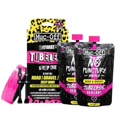 Imagen de Muc Off Ultimate Tubeless Setup Kit Sellador de Neumáticos para Reparación Rueda Bicicleta Tubeless, Road/Gravel/CX 60 mm Con Fondo Llanta, Parches, Válvulas y Ruedas