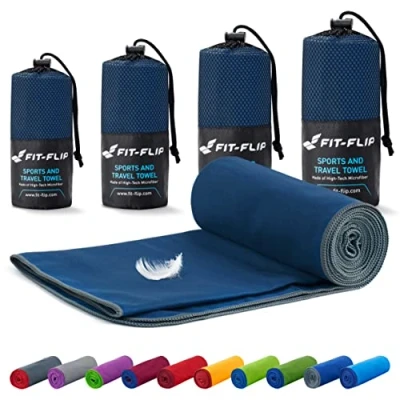 Imagen de Fit Flip toalla microfibra toallas microfibras para el gimnasio, viaje y piscina gym compacta, ultraligera de secado rápido playa grande natacion (50x110cm azul marino gris)