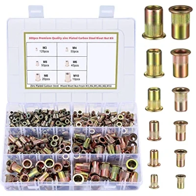 Imagen de 300 Piezas Remaches de Tuerca Acero Carbono, Tuercas Remachables Rosca Plana, Roscados M3/M4/M5/M6/M8/M10