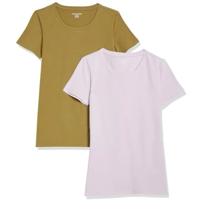 Imagen de Amazon Essentials Camiseta de Cuello Caja Manga Corta y Ajuste Clásico Mujer, Pack 2, Lavanda/Verde Oliva, L