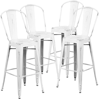 Imagen de Flash Furniture Taburete de Bar Blake Calidad Comercial, Paquete 4, 30 Pulgadas Alto, Metal Blanco Envejecido para Interiores y Exteriores con Respaldo