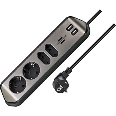 Imagen de brennenstuhl®Estilo regleta de enchufes en Forma Esquina con 4 Tomas Corriente para Cocina, Oficina y encimera (montable sin perforación, Carga USB, Acero Inoxidable) Plata/Negro