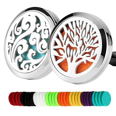 Imagen de 2 unids Coche Aromaterapia Aceites Esenciales Difusor Ambientador 30mm Acero Inoxidable Negro Locket Vent Clip + 32 Almohadillas de Recarga (Árbol la vida y nube (plata))