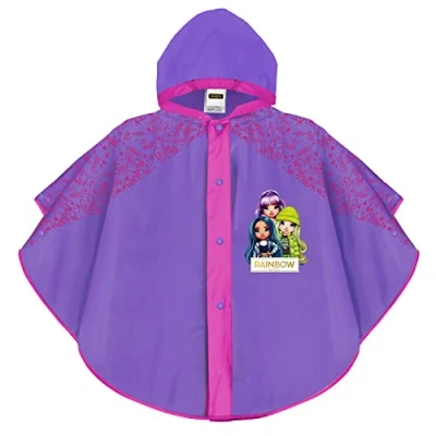 Imagen de PERLETTI Poncho Niña para Lluvia Rainbow High 3 4 5 6 Años Chubasquero Infantil Muñecas de Color Violeta y Fucsia Impermeable Pequeñas con Capucha Botones a Presión (3 años, Morado)